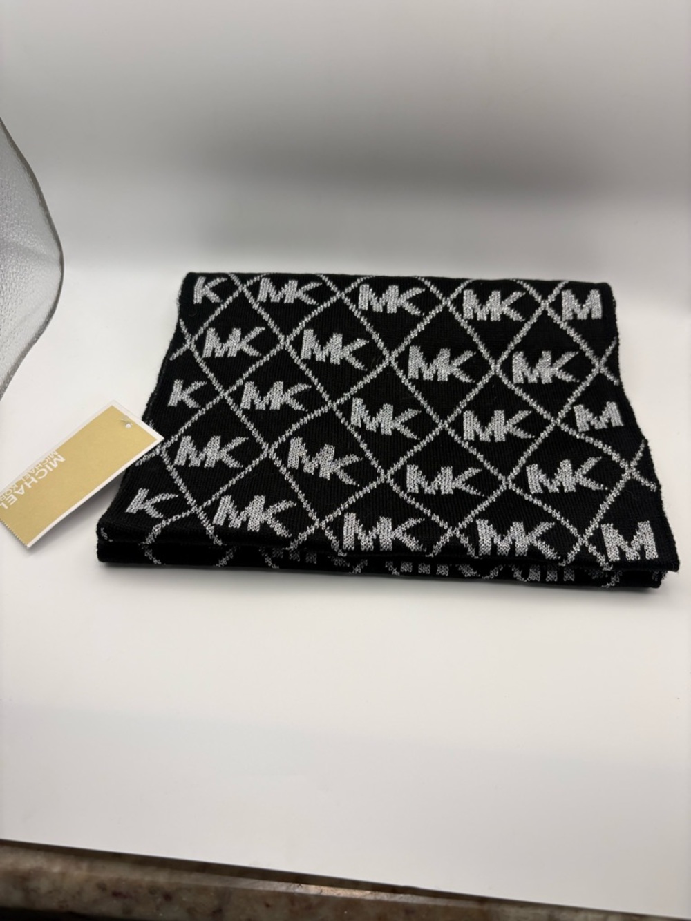 Michael Kors Black & Silver Shimmering MK Monogram Knit Scarf-Reversible